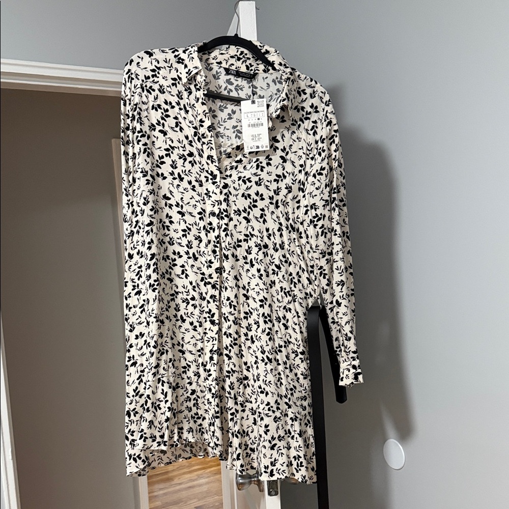 Zara Black and White Floral Long Sleeve Dress